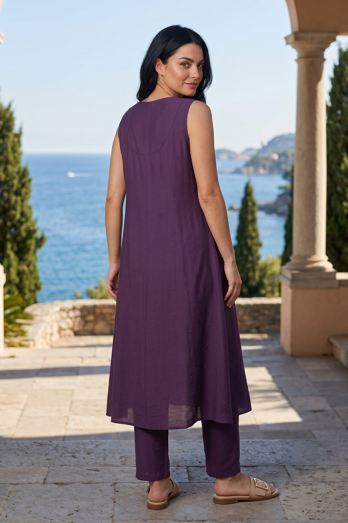Purple Solid A-Line Sleeveless Kurta With Pants Co-ord Set