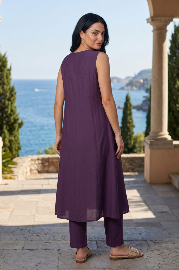Purple Solid A-Line Sleeveless Kurta With Pants Co-ord Set