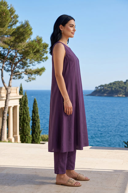Purple Solid A-Line Sleeveless Kurta With Pants Co-ord Set