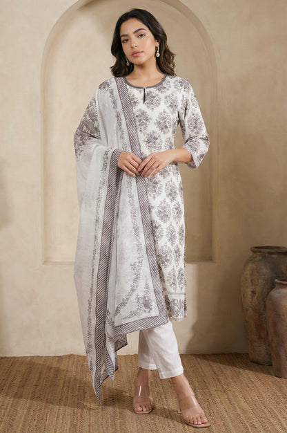 Off White Floral Printed Embroidered Chanderi Straight Kurta with Straight Pants and Dupatta Set
