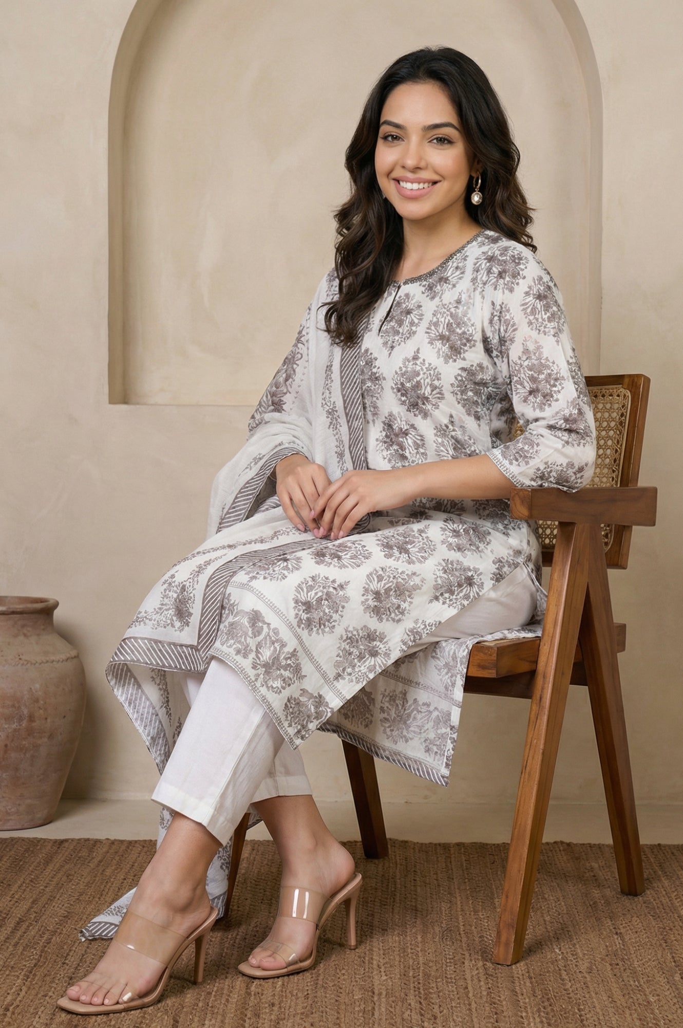 Off White Floral Printed Embroidered Chanderi Straight Kurta with Straight Pants and Dupatta Set