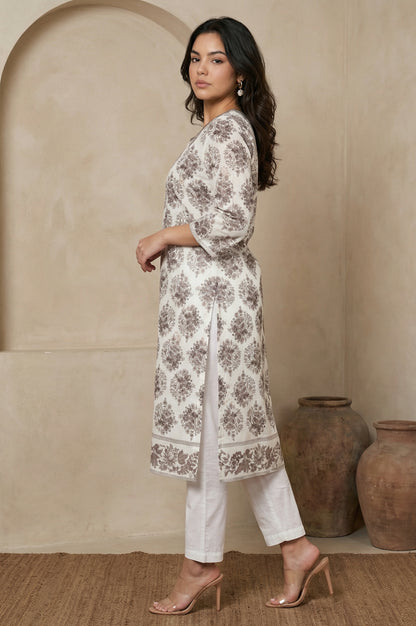 Off White Floral Printed Embroidered Chanderi Straight Kurta with Straight Pants and Dupatta Set