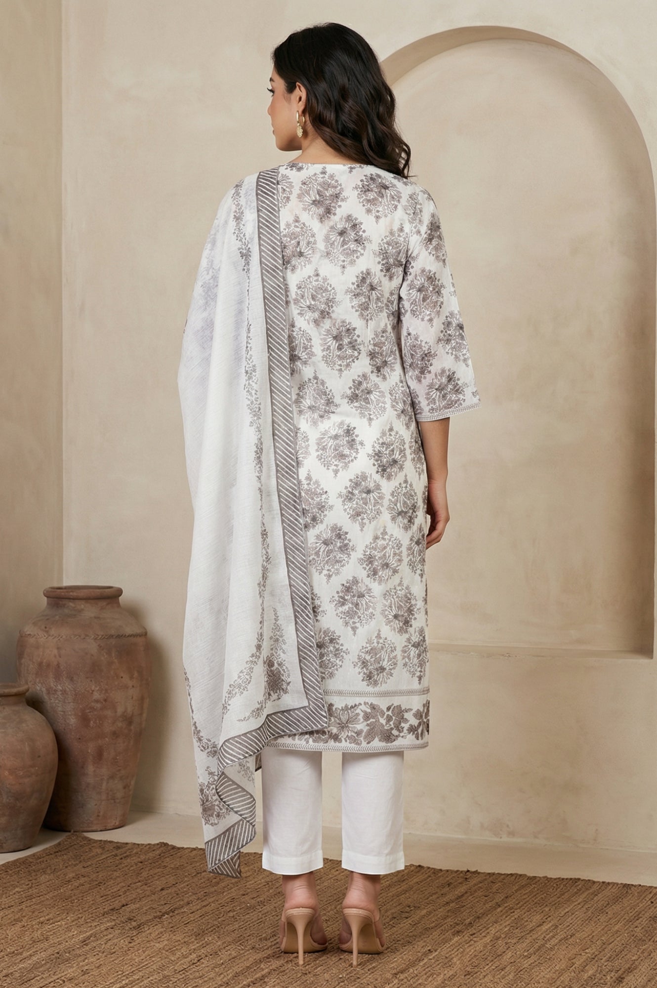 Off White Floral Printed Embroidered Chanderi Straight Kurta with Straight Pants and Dupatta Set