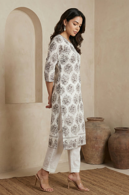Off White Floral Printed Embroidered Chanderi Straight Kurta with Straight Pants and Dupatta Set