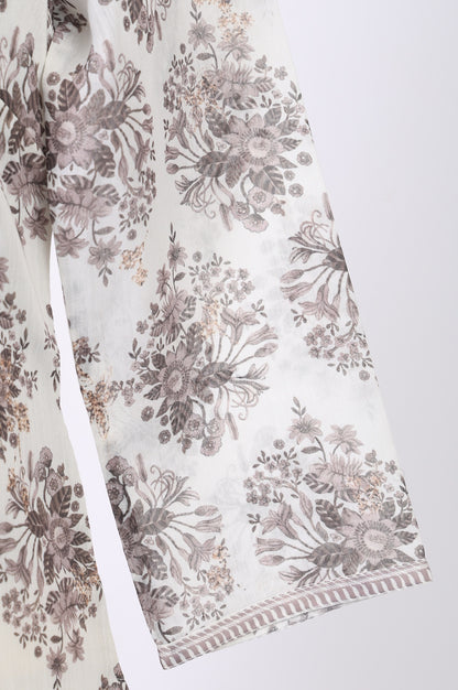 Off White Floral Printed Embroidered Chanderi Straight Kurta with Straight Pants and Dupatta Set