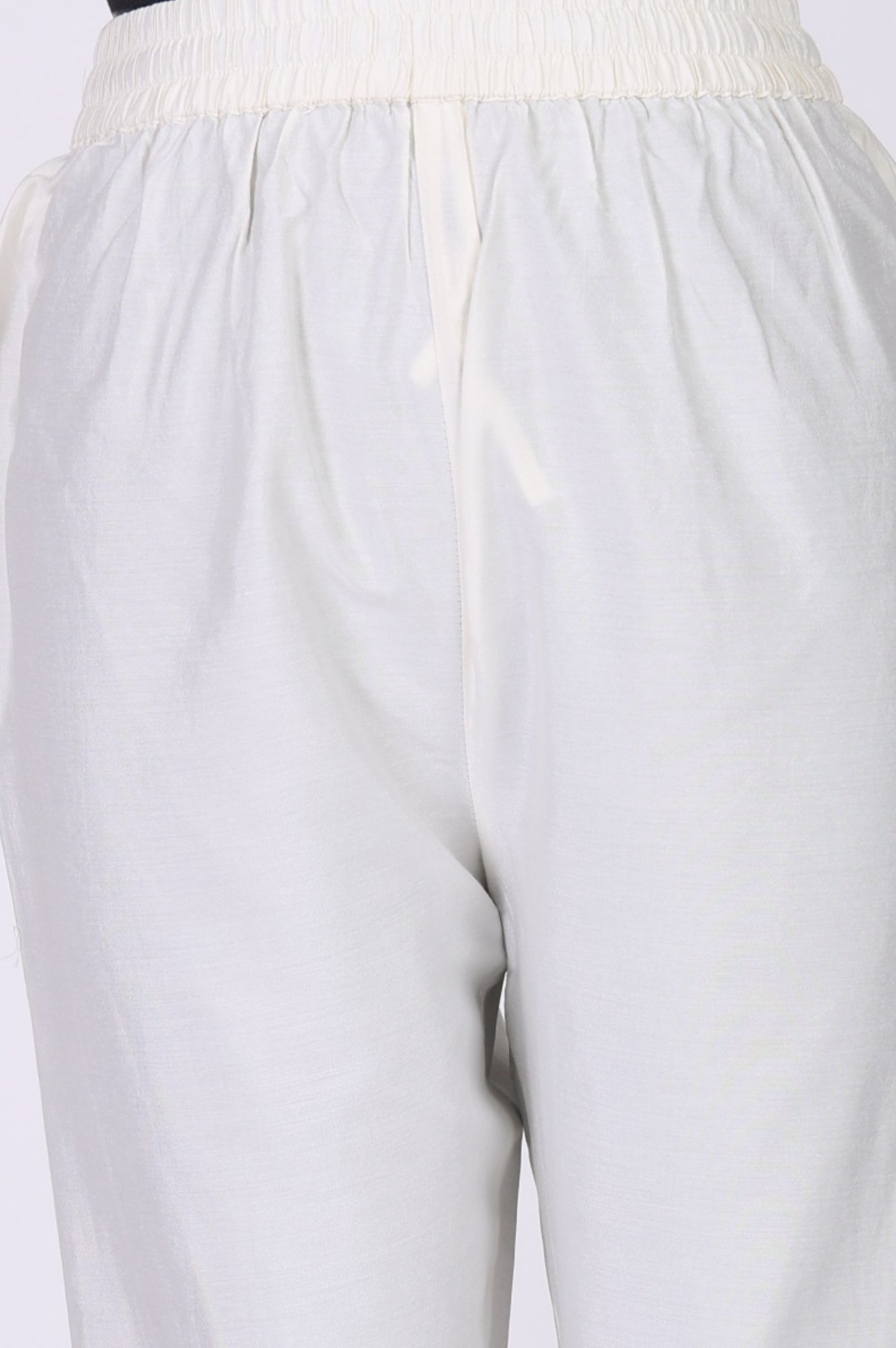 Off White Floral Printed Embroidered Chanderi Straight Kurta with Straight Pants and Dupatta Set