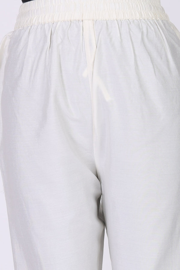 Off White Floral Printed Embroidered Chanderi Straight Kurta with Straight Pants and Dupatta Set