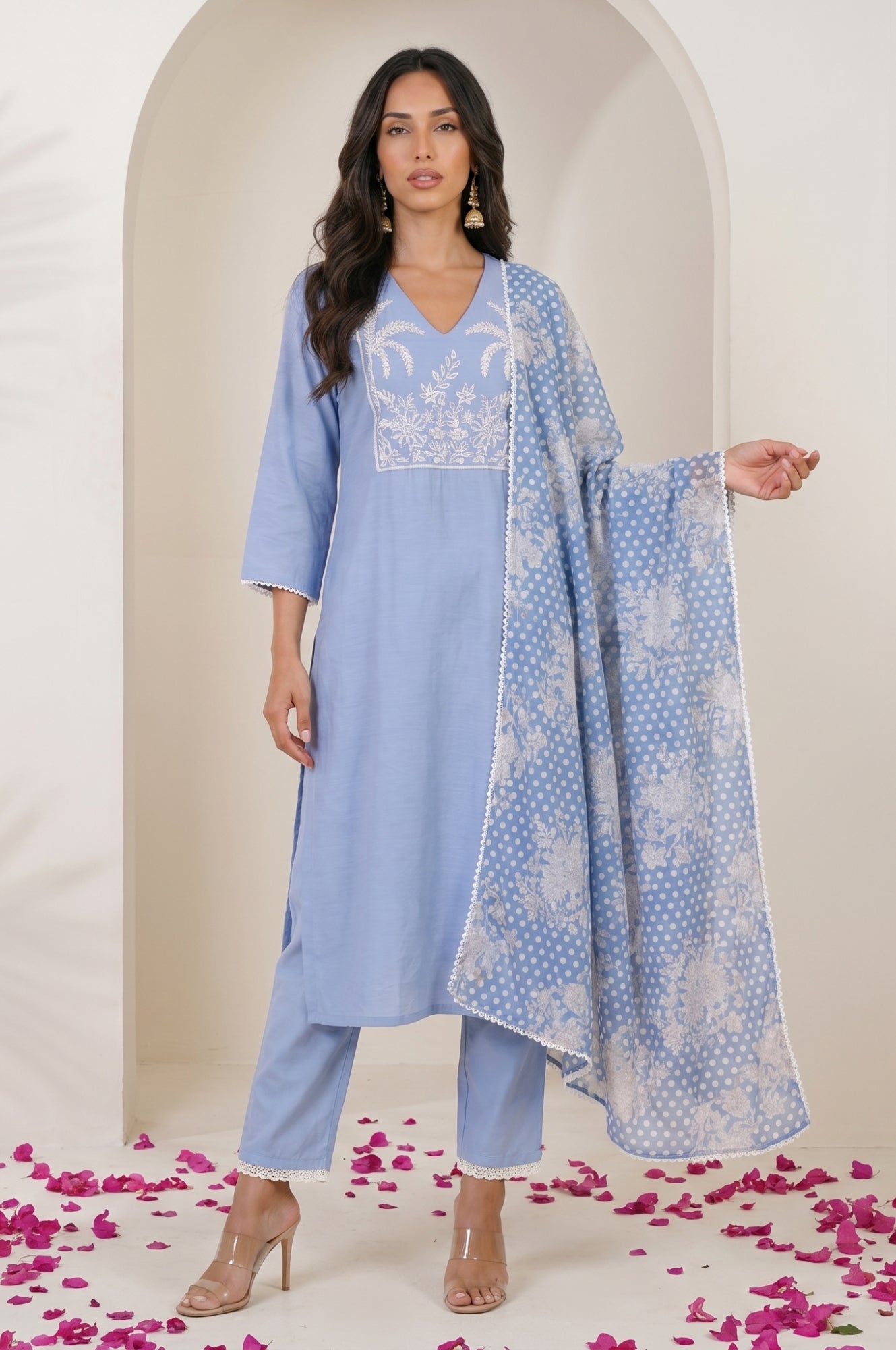 Blue Thread Embroidered Straight Kurta with Pants and Dupatta Set