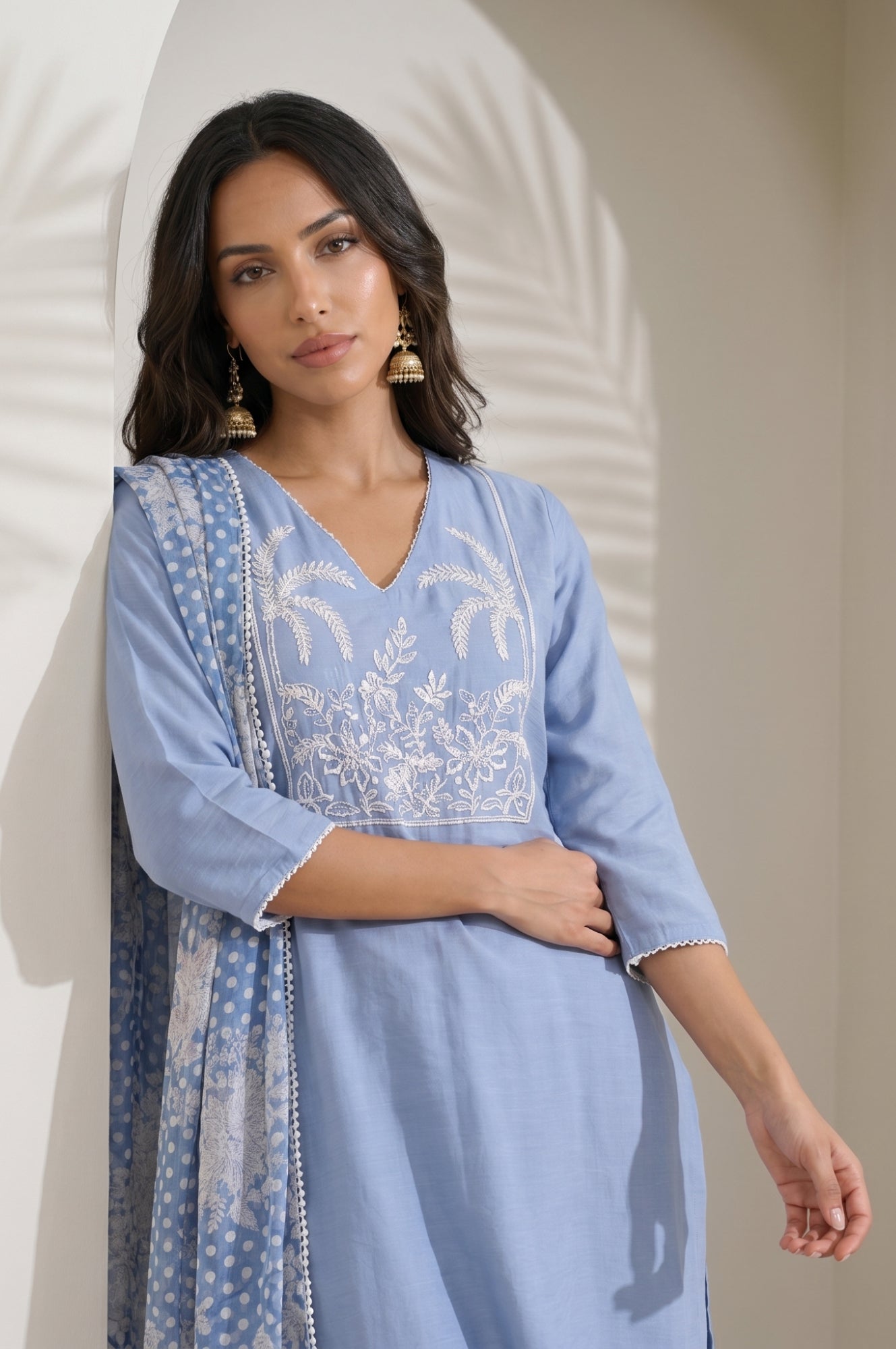 Blue Thread Embroidered Straight Kurta with Pants and Dupatta Set