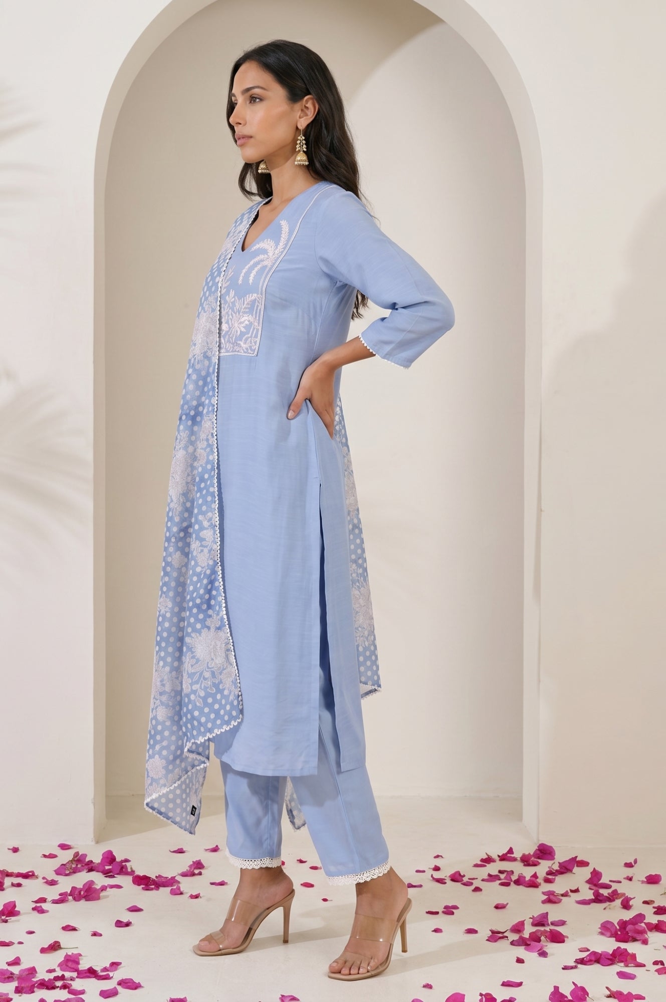 Blue Thread Embroidered Straight Kurta with Pants and Dupatta Set