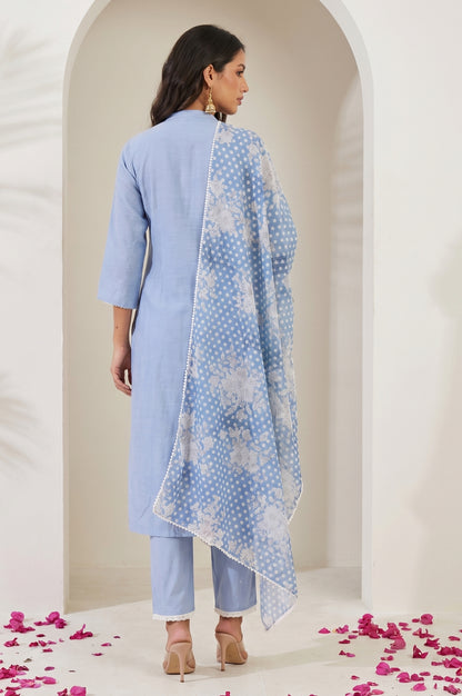 Blue Thread Embroidered Straight Kurta with Pants and Dupatta Set