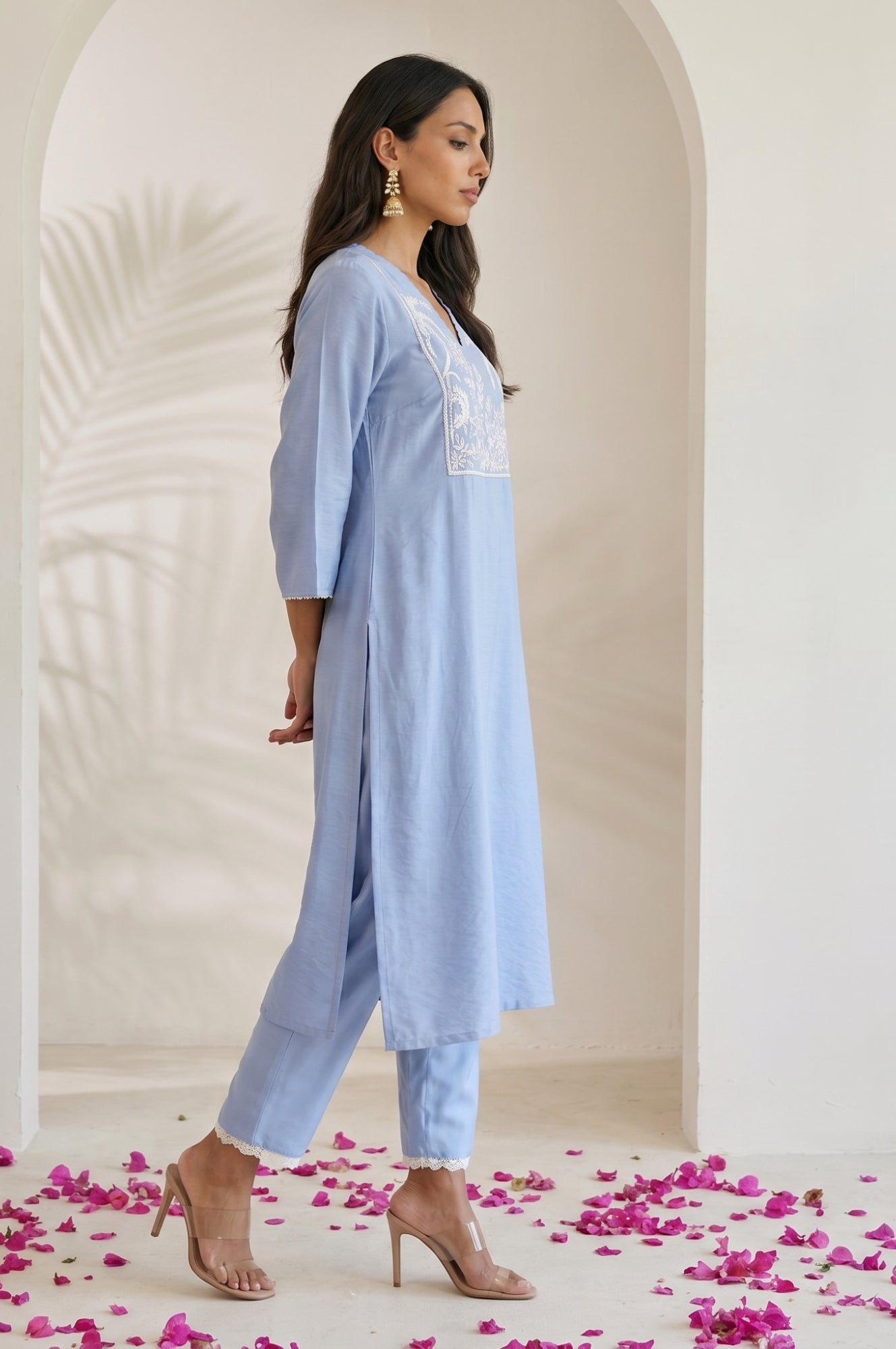 Blue Thread Embroidered Straight Kurta with Pants and Dupatta Set