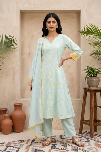 Sea Green Floral Thread Embroidered A-line Kurta with Pant and Dupatta Set