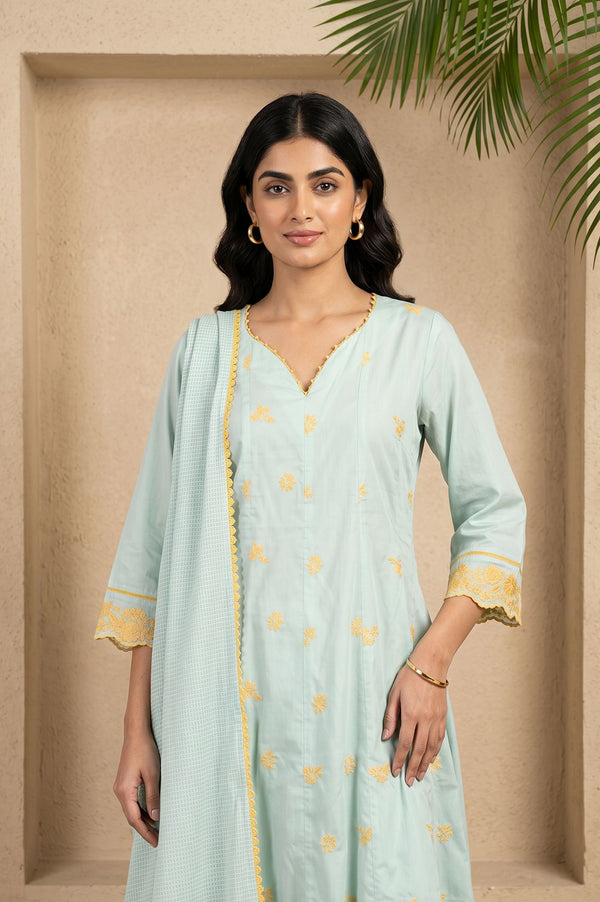Sea Green Floral Thread Embroidered A-line Kurta with Pant and Dupatta Set