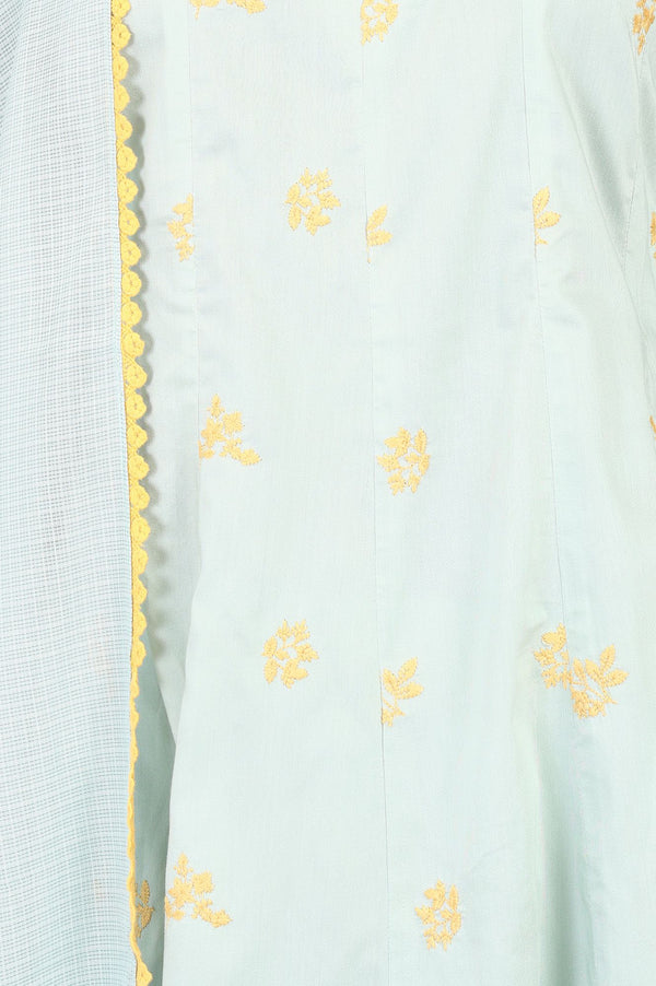 Sea Green Floral Thread Embroidered A-line Kurta with Pant and Dupatta Set