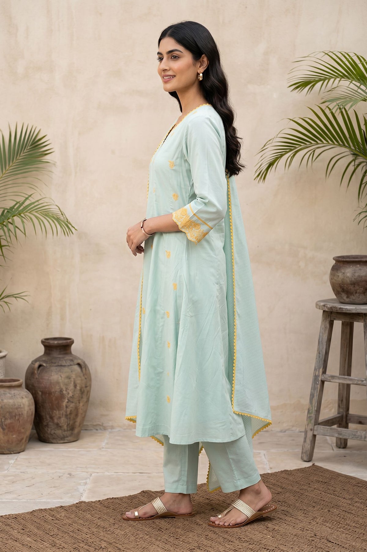 Sea Green Floral Thread Embroidered A-line Kurta with Pant and Dupatta Set