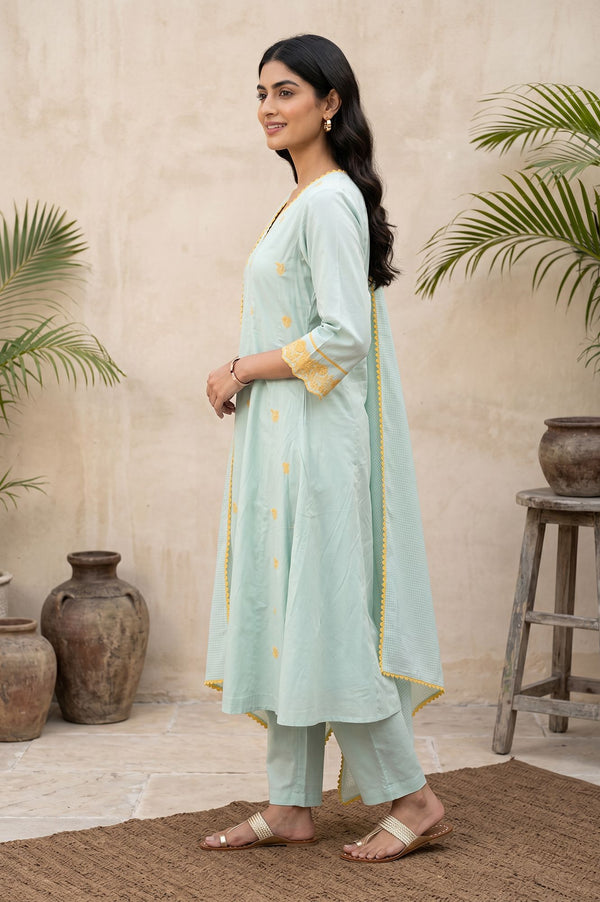 Sea Green Floral Thread Embroidered A-line Kurta with Pant and Dupatta Set