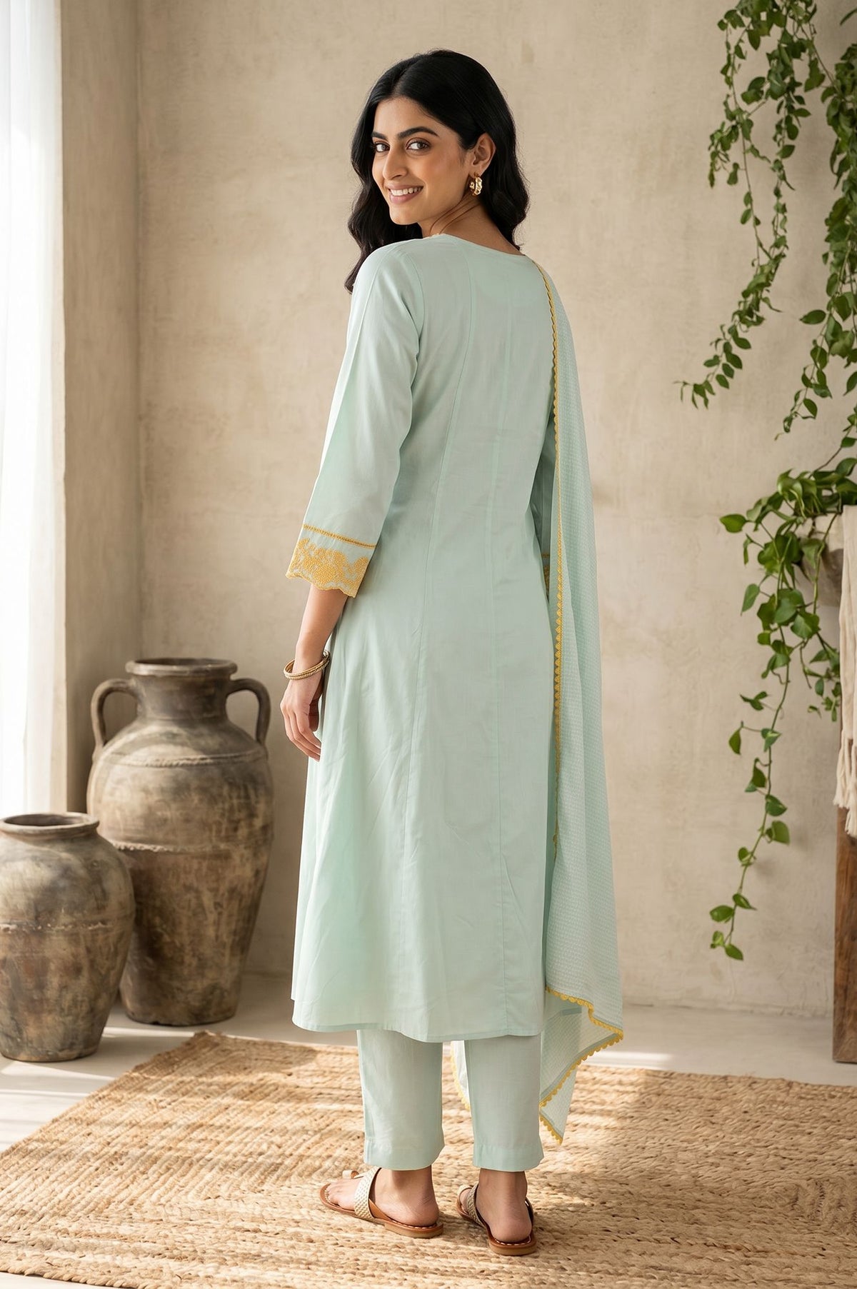 Sea Green Floral Thread Embroidered A-line Kurta with Pant and Dupatta Set