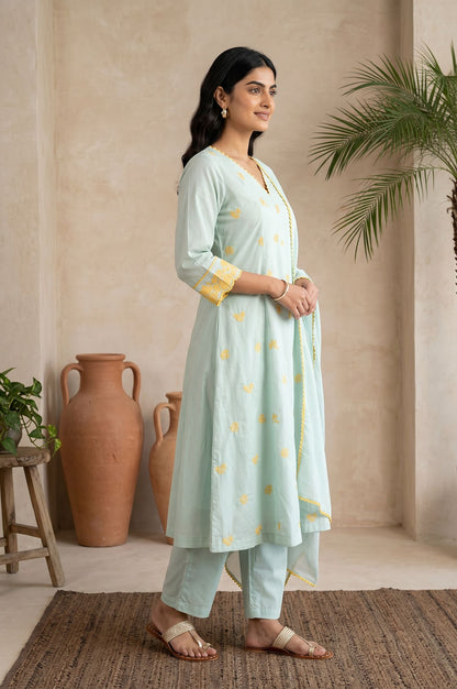 Sea Green Floral Thread Embroidered A-line Kurta with Pant and Dupatta Set