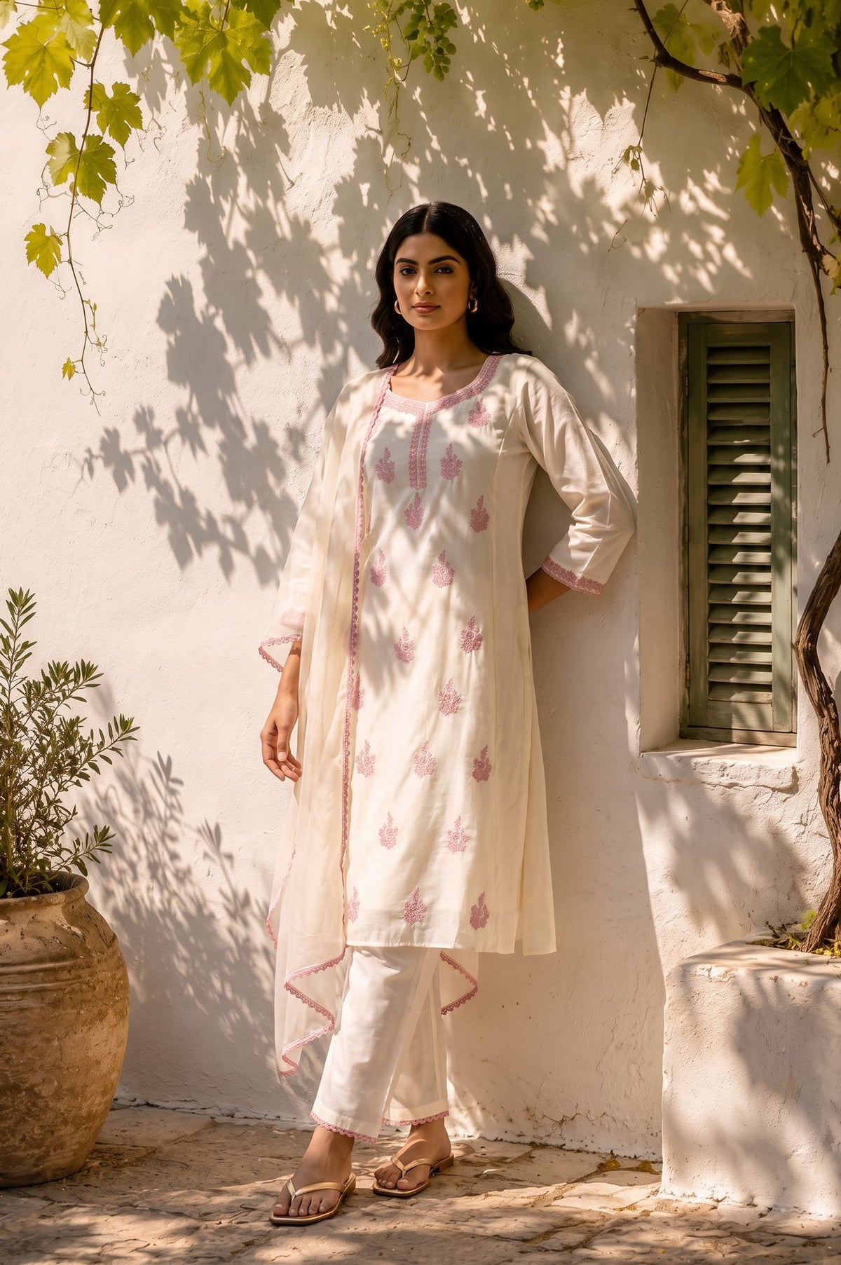 Off White Thread Embroidered Chanderi Straight Kurta with Pants and Dupatta Set