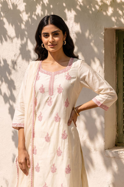 Off White Thread Embroidered Chanderi Straight Kurta with Pants and Dupatta Set