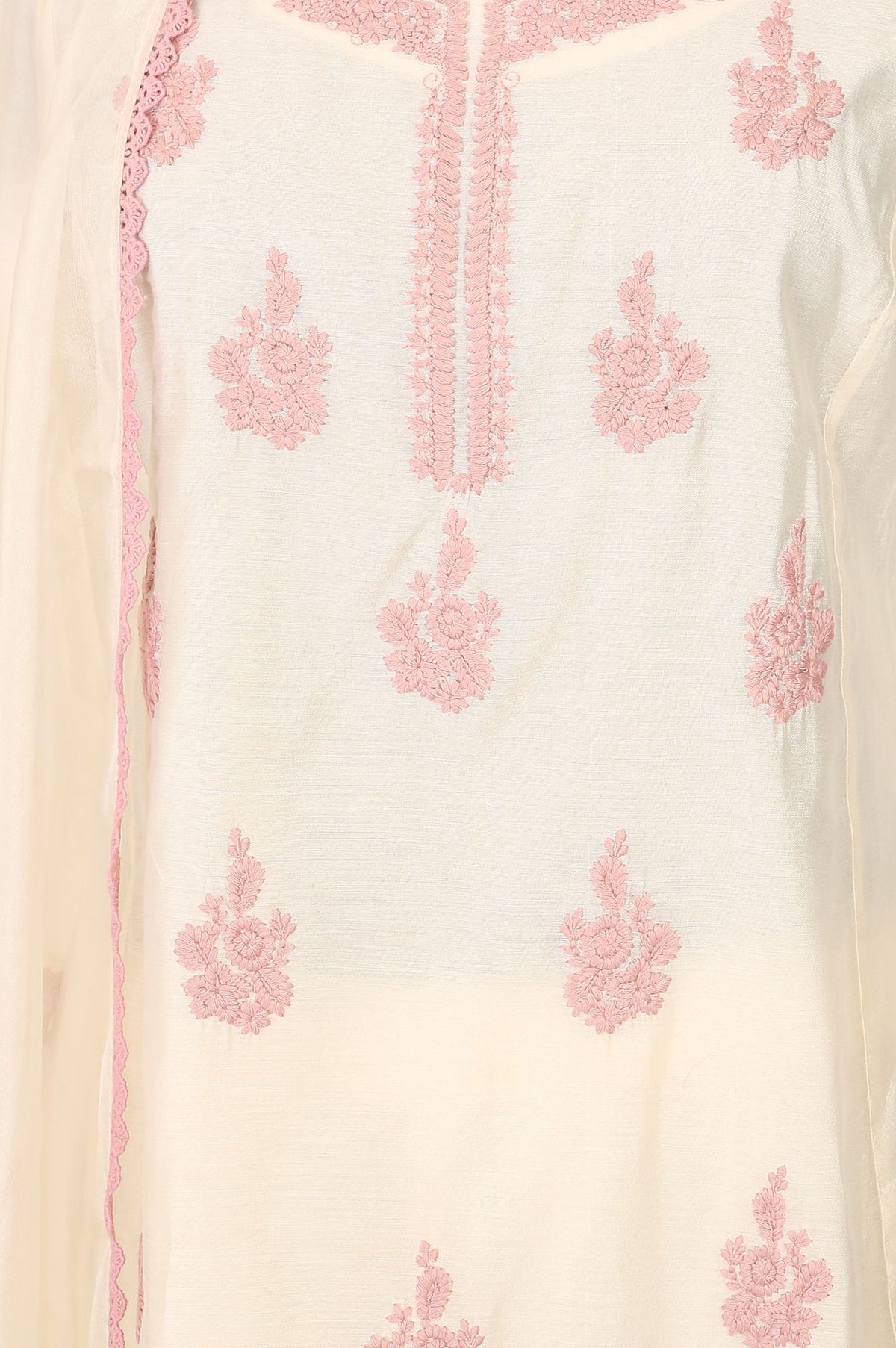 Off White Thread Embroidered Chanderi Straight Kurta with Pants and Dupatta Set