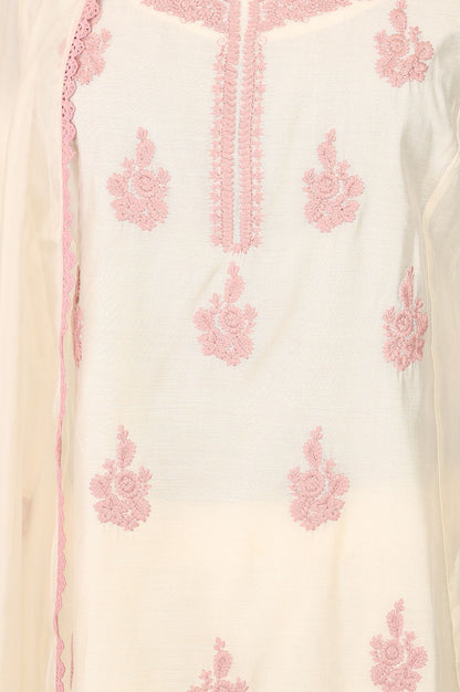 Off White Thread Embroidered Chanderi Straight Kurta with Pants and Dupatta Set
