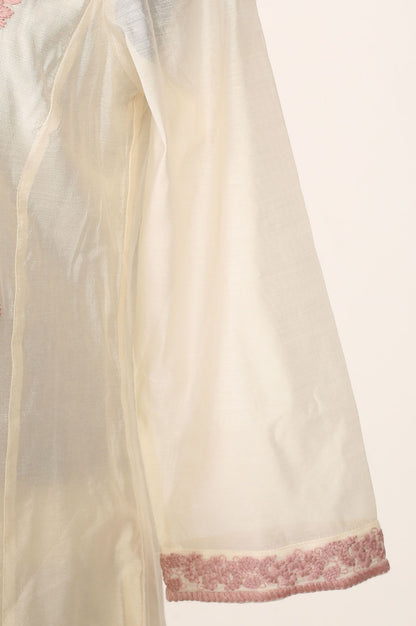 Off White Thread Embroidered Chanderi Straight Kurta with Pants and Dupatta Set