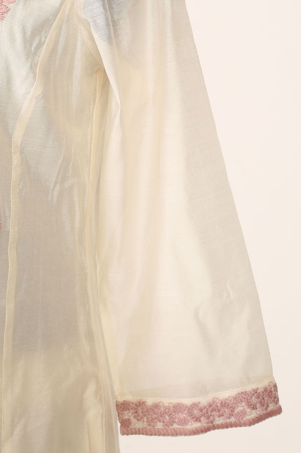 Off White Thread Embroidered Chanderi Straight Kurta with Pants and Dupatta Set
