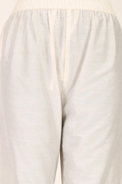 Off White Thread Embroidered Chanderi Straight Kurta with Pants and Dupatta Set