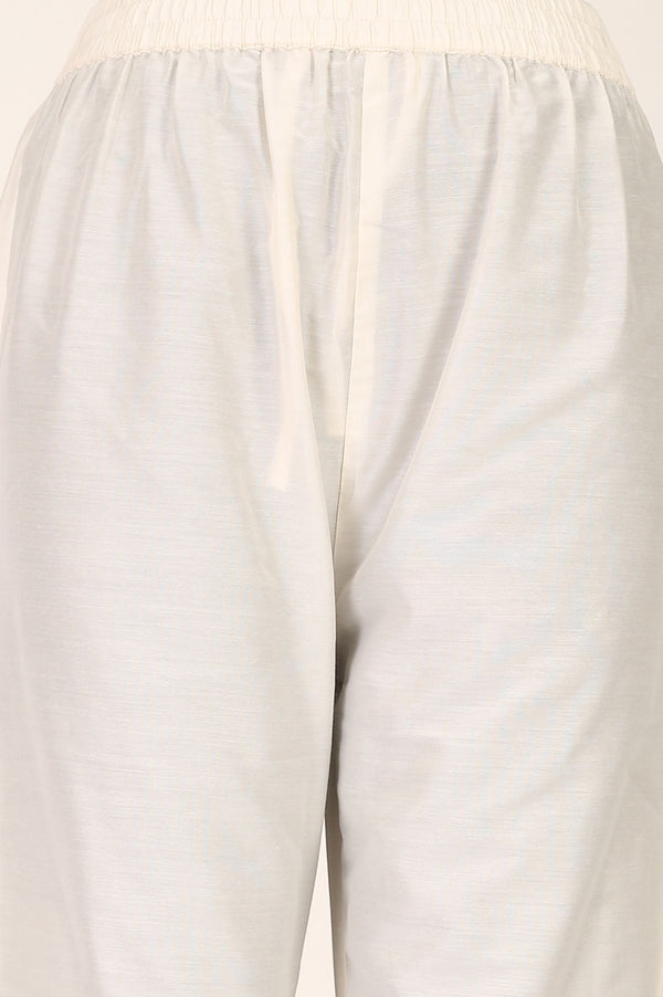 Off White Thread Embroidered Chanderi Straight Kurta with Pants and Dupatta Set