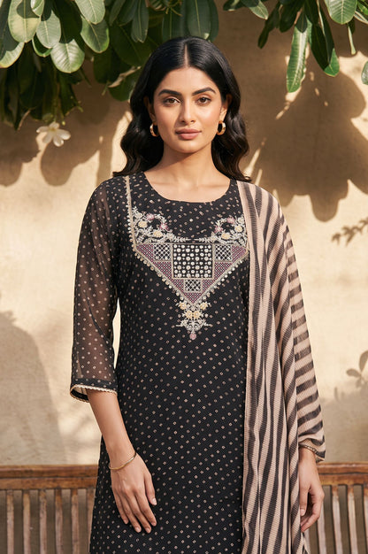 Black Bandhani Embroidered Organza Straight Kurta with Pants and Dupatta Set