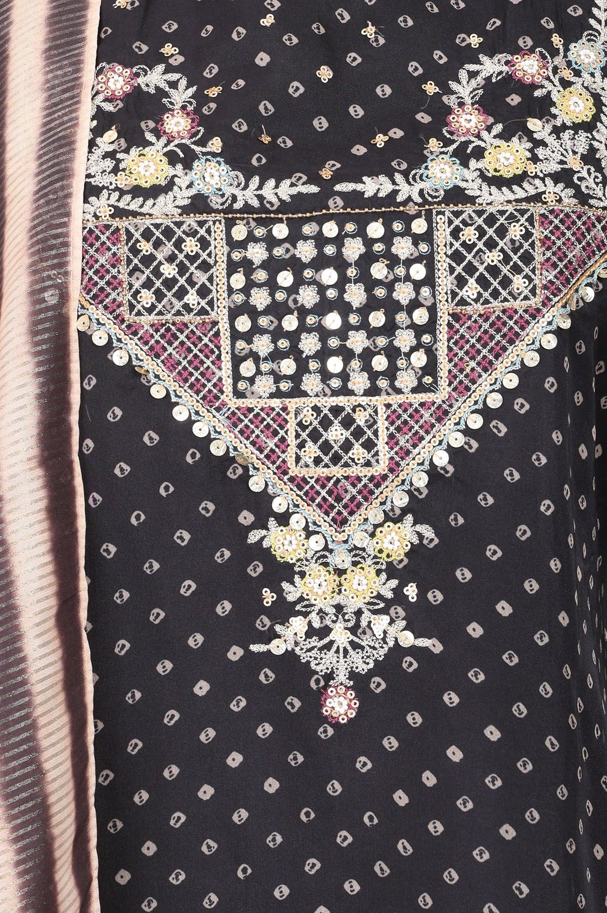 Black Bandhani Embroidered Organza Straight Kurta with Pants and Dupatta Set