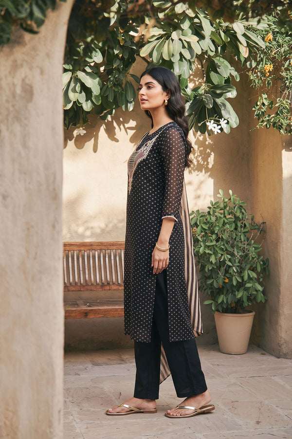 Black Bandhani Embroidered Organza Straight Kurta with Pants and Dupatta Set