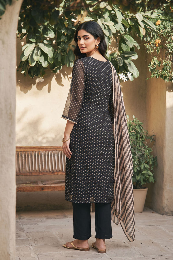 Black Bandhani Embroidered Organza Straight Kurta with Pants and Dupatta Set