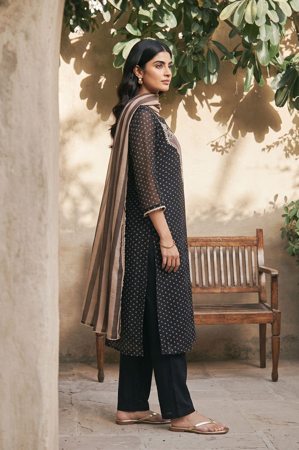 Black Bandhani Embroidered Organza Straight Kurta with Pants and Dupatta Set