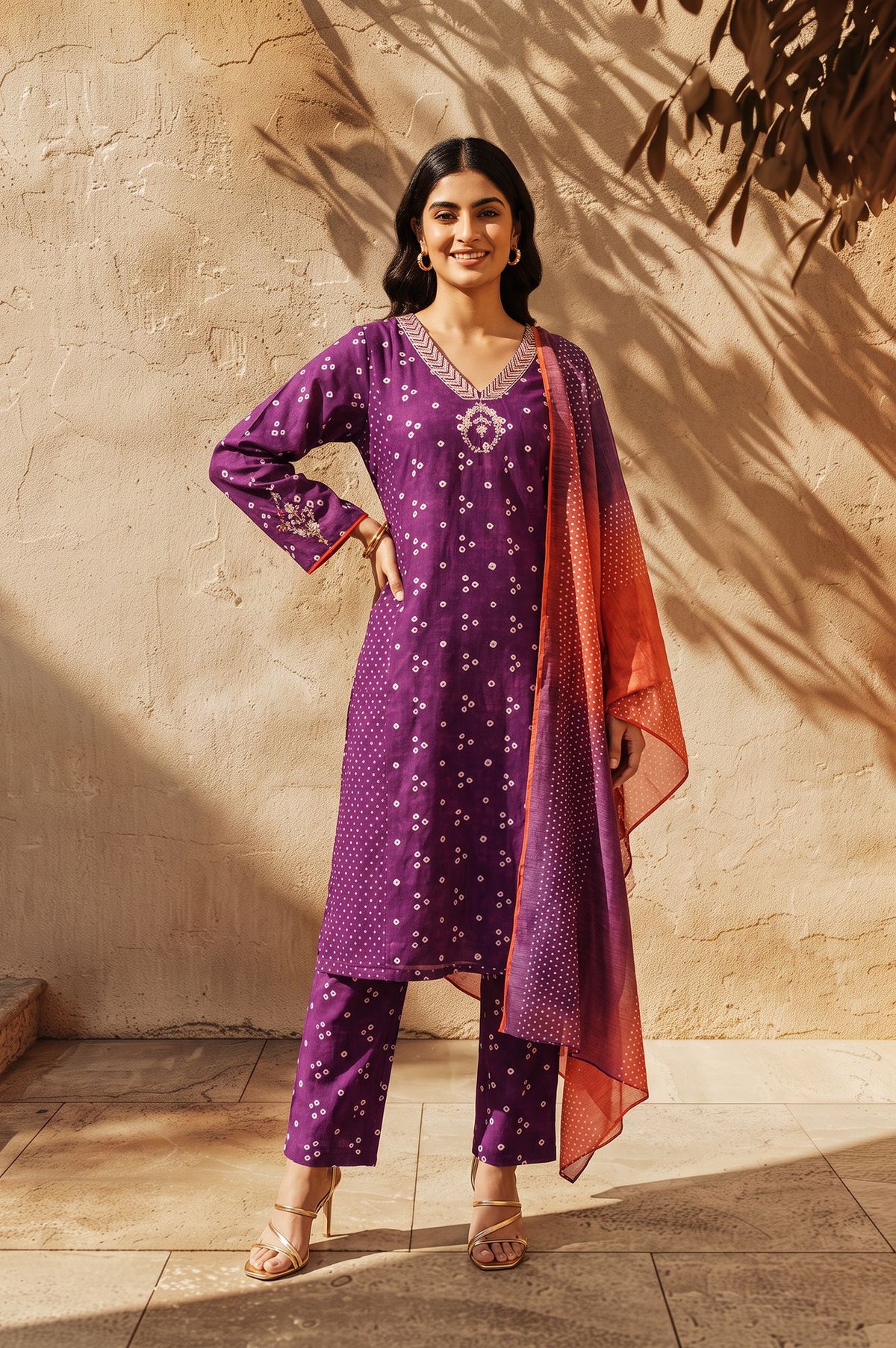 Purple Bandhani Thread Embroidered Pure Cotton Straight Kurta with Straight Pants and Dupatta Set