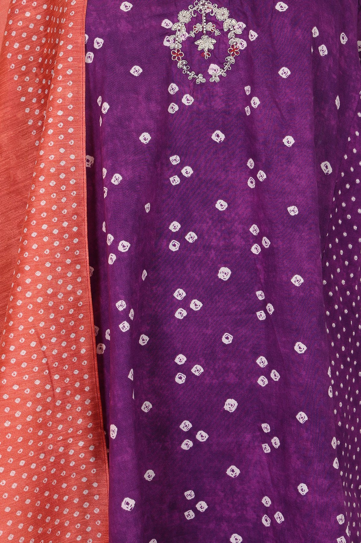 Purple Bandhani Thread Embroidered Pure Cotton Straight Kurta with Straight Pants and Dupatta Set