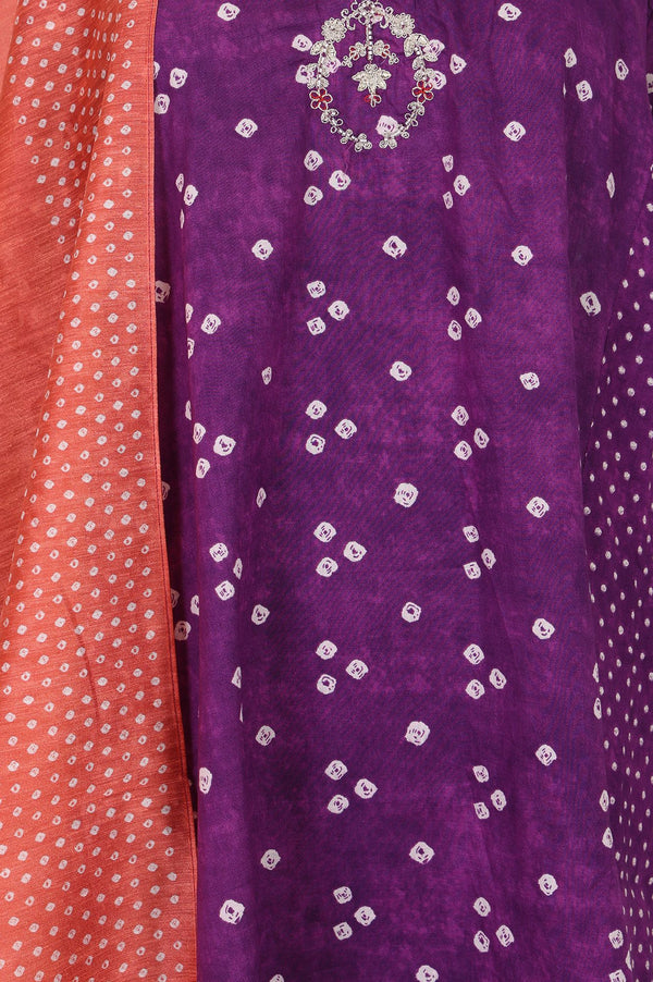 Purple Bandhani Thread Embroidered Pure Cotton Straight Kurta with Straight Pants and Dupatta Set