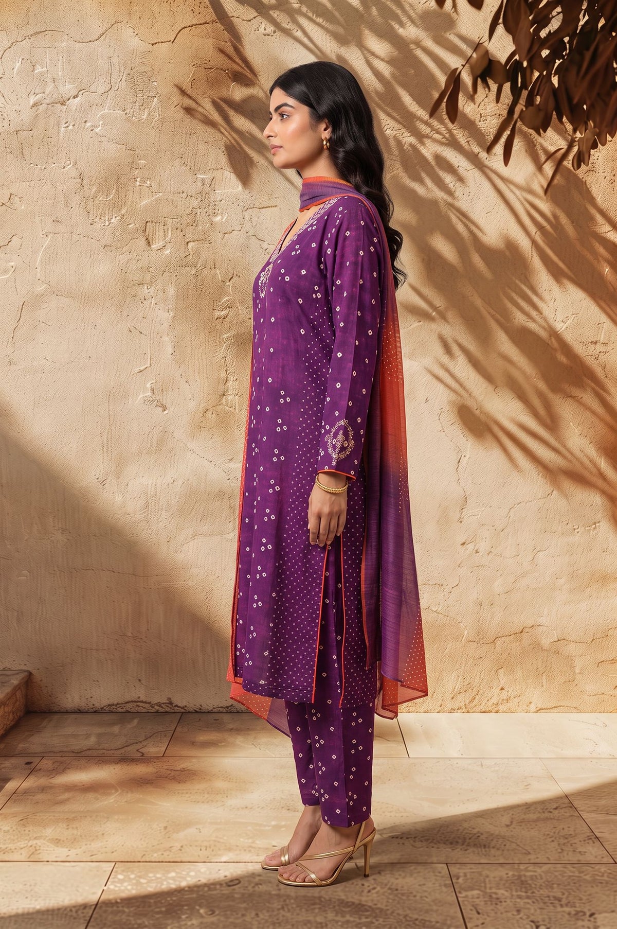 Purple Bandhani Thread Embroidered Pure Cotton Straight Kurta with Straight Pants and Dupatta Set