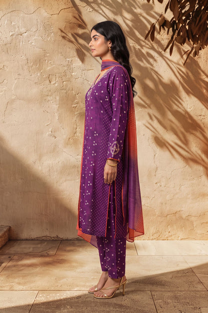 Purple Bandhani Thread Embroidered Pure Cotton Straight Kurta with Straight Pants and Dupatta Set