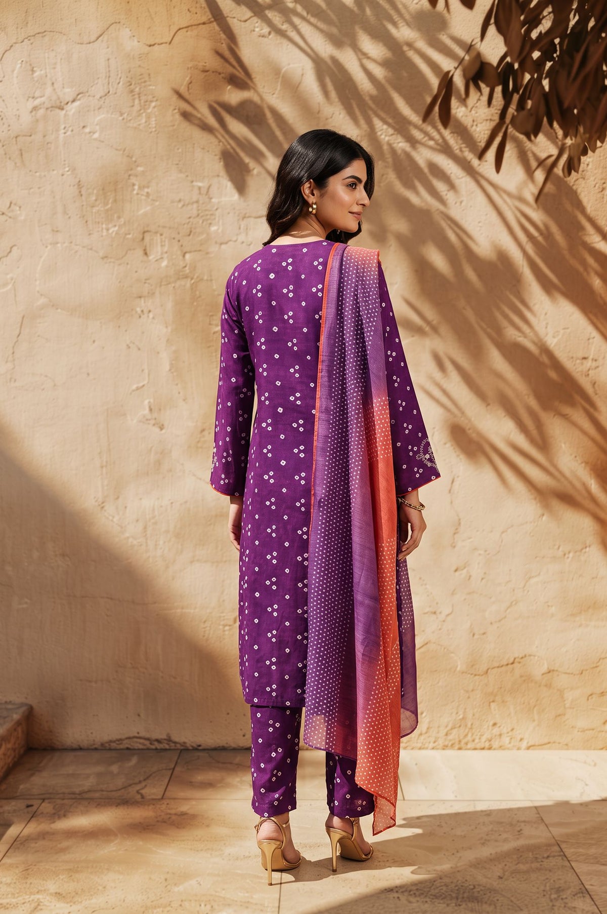 Purple Bandhani Thread Embroidered Pure Cotton Straight Kurta with Straight Pants and Dupatta Set