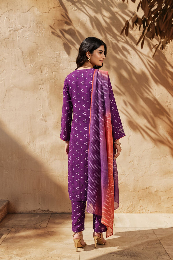 Purple Bandhani Thread Embroidered Pure Cotton Straight Kurta with Straight Pants and Dupatta Set