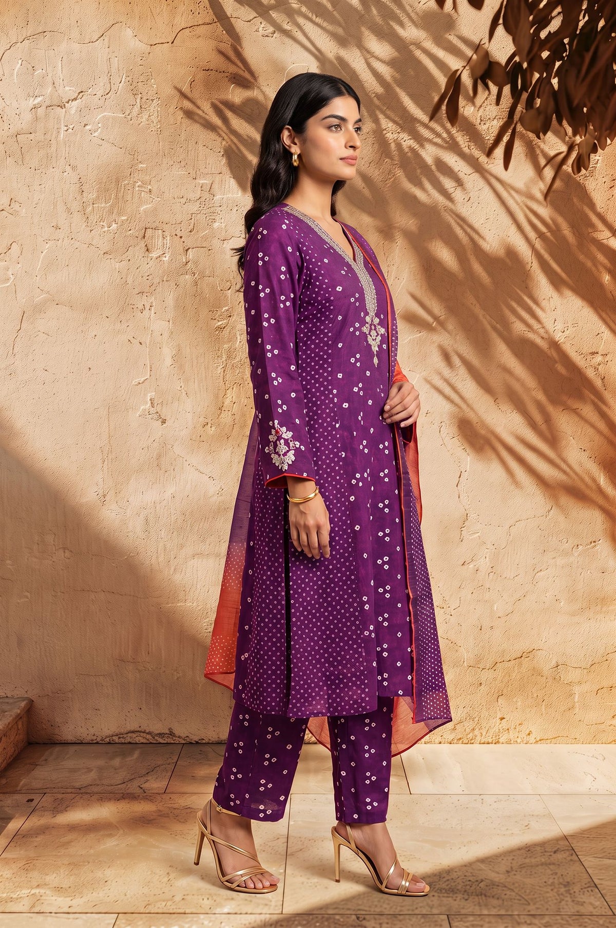 Purple Bandhani Thread Embroidered Pure Cotton Straight Kurta with Straight Pants and Dupatta Set