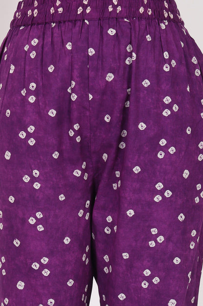 Purple Bandhani Thread Embroidered Pure Cotton Straight Kurta with Straight Pants and Dupatta Set