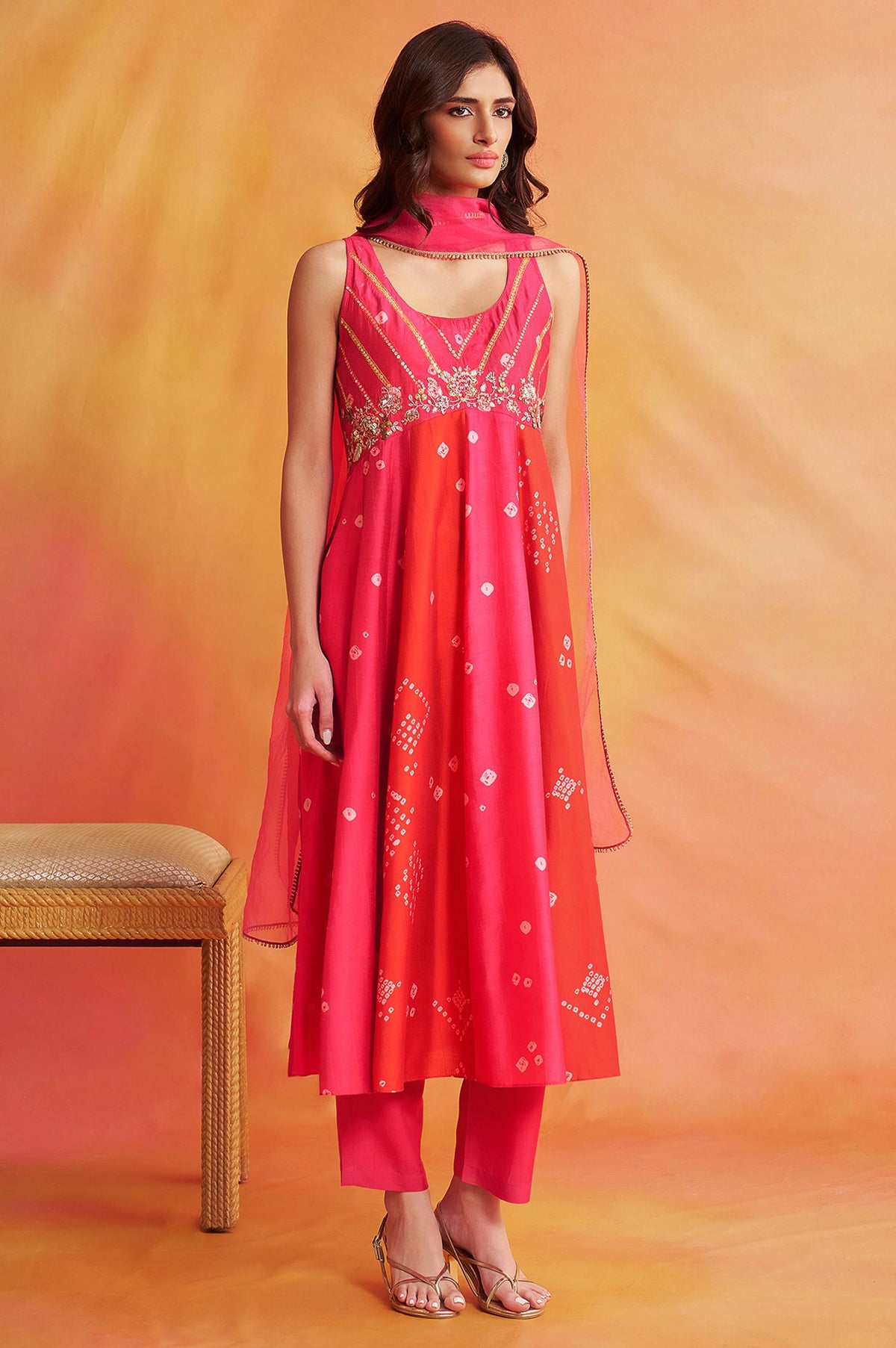 Pink Bandhani Sequins Sleeveless A-line Kurta with Pants and Dupatta Set