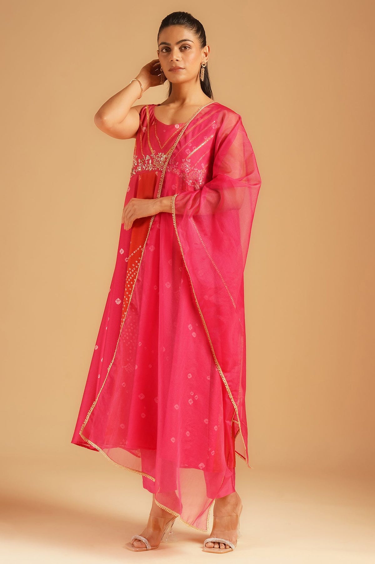Pink Bandhani Sequins Sleeveless A-line Kurta with Pants and Dupatta Set
