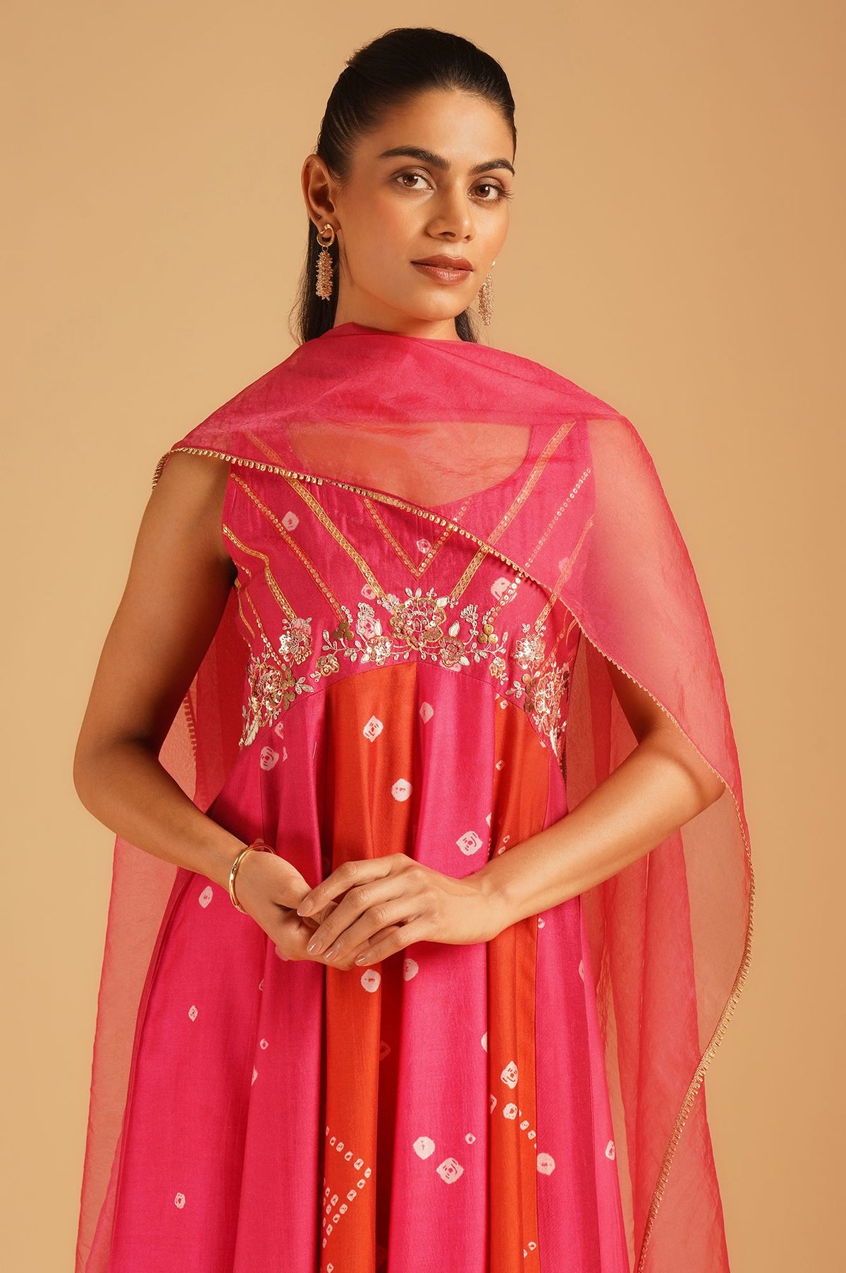 Pink Bandhani Sequins Sleeveless A-line Kurta with Pants and Dupatta Set