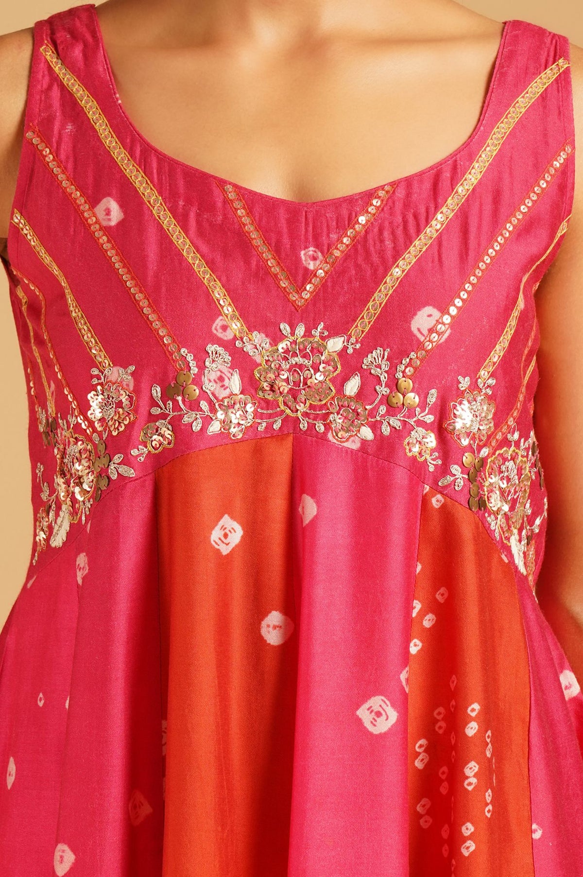 Pink Bandhani Sequins Sleeveless A-line Kurta with Pants and Dupatta Set