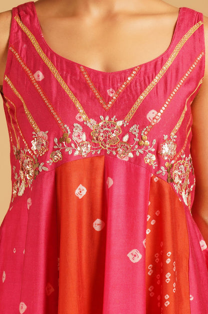 Pink Bandhani Sequins Sleeveless A-line Kurta with Pants and Dupatta Set